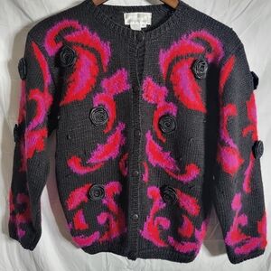 Black and Pink Floral Cardigan Sweater